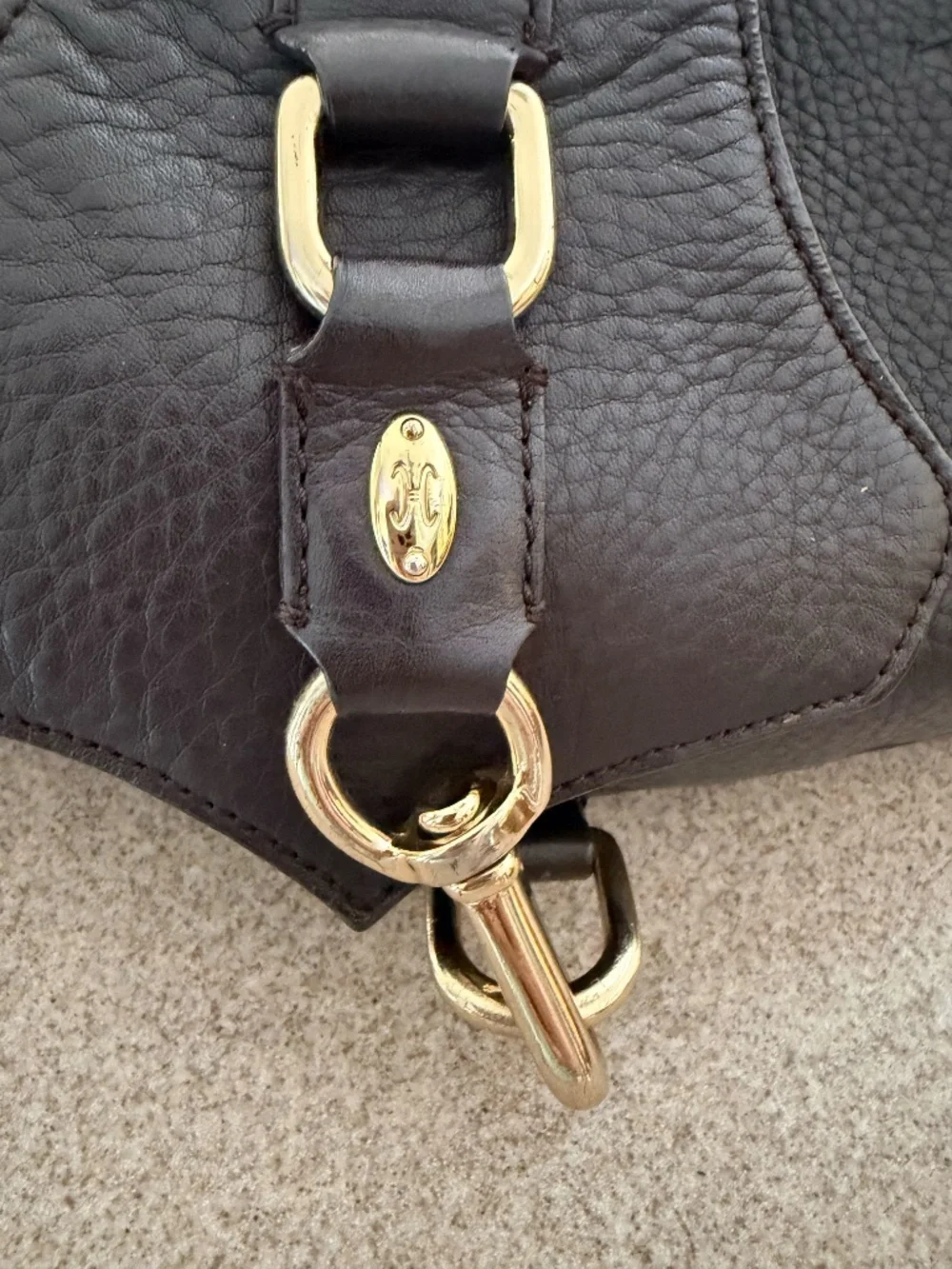 Cole Haan Dark brown Pebbled Leather Equestrian Hobo Bag with Gold Hardware